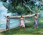 Girls Carrying a Canoe, Vaiala in Samoa, John La Farge (American, New York 1835–1910 Providence, Rhode Island), Watercolor, gouache, and graphite on off-white wove paper, American