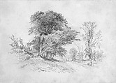 Wooded Country Lane with Figure in Distance (from Cropsey Album), John Henry Hill (American, West Nyack, New York 1839–1922), Watercolor, black chalk, and reserve on white, heavy weight, finely textured, wove paper (oval cut), American