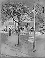 Street Cafe—San Felio de Quixols, F. Luis Mora (American (born Uruguay), Montevideo 1874–1940 New York), Watercolor, gouache on dark brown Japanese paper, American