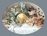 Still Life with Fruit, Attributed to John William Hill (American (born England), London 1812–1879 West Nyack, New York), Watercolor and gouache on off-white laminated paper board (possibly Bristol board), American