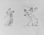 Classical Female Figure; Satyr and Dog (from Sketchbook), John Quincy Adams Ward (American, Urbana, Ohio 1830–1910 New York), Pen and brown (possibly iron-gall) ink on smooth off-white wove paper, American