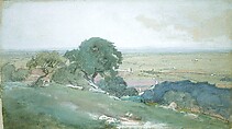 Olive Trees at Tivoli, George Inness (American, Newburgh, New York 1825–1894 Bridge of Allan, Scotland), Gouache, watercolor, and graphite on blue wove paper with colored fibers, American