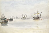 Caravels and Warships, North River from 96th Street; May 3, 1893, Reynolds Beal (1867–1951), Graphite and watercolor on off-white wove paper, American