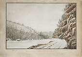 View on the New Turnpike Road, on the Margin of the Juniata, with a Distant View of the Warrior Mountain, Benjamin Henry Latrobe (American (born England), Fulneck, Yorkshire 1764–1820 New Orleans, Louisiana), Watercolor, graphite, brown ink, and sgraffito on off-white wove paper, American