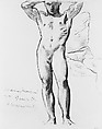 Man Standing, Hands on Head, John Singer Sargent (American, Florence 1856–1925 London), Charcoal on light blue laid paper, American