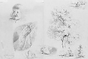 Head of a Child, Mountain Scene, Objects for a Still Life, Trees, Figure in a Boat, John Singer Sargent  American, Graphite and chalk on blue wove paper, American