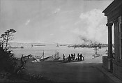 View of the City of New York and Governors Island Taken from Brooklyn Heights on the Morning after the Conflagration, Nicolino Calyo (American (born Italy), Naples 1799–1884 New York), Watercolor, gouache on off-white wove paper, American