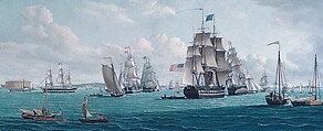 The U. S. Ship Franklin, with a View of the Bay of New York, Thomas Thompson  American, born England, Oil on canvas, American