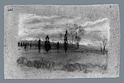 Landscape: Fields, Arthur B. Davies (American, Utica, New York 1862–1928 Florence), Pastel and black chalk on bright blue Japanese paper, American