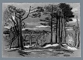 Landscape with Pines and Aqueduct, Arthur B. Davies (American, Utica, New York 1862–1928 Florence), Pastel on dark gray-green wove paper, American