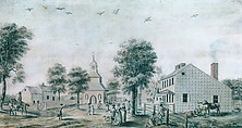 Brooklyn, Long Island (View of the Village Green), Watercolor, pen and black in on off-white laid paper, American