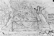 Panthea Stabs Herself beside the Corpse of Abradatas, After Benjamin West (American, Swarthmore, Pennsylvania 1738–1820 London), Brown ink, ink washes, and black chalk on white laid paper, American