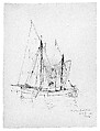 Venetian Fishing Boat, Venice, Andrew Fisher Bunner (1841–1897), Black ink and graphite traces on off-white wove paper, American