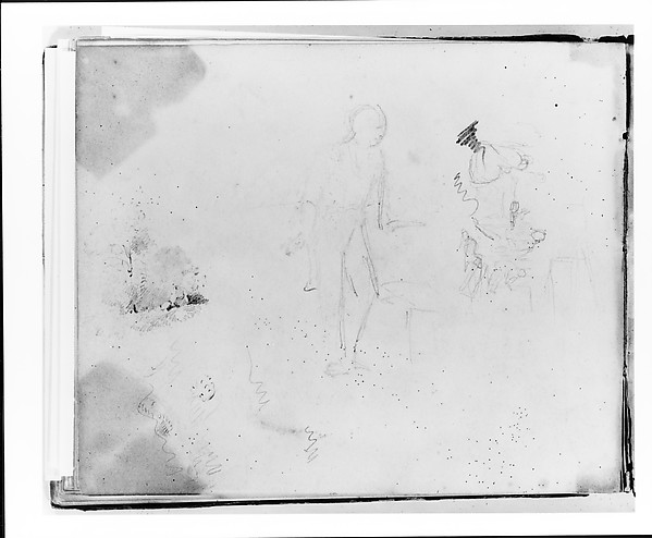Three Studies: Standing Figure Facing Left; Interior with Figures and a Dog; Landscape (from Sketchbook)