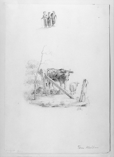 Landscape with Two Cows and a Broken Fence; Three Standing Figures (from McGuire Scrapbook) by Thomas F. Hoppin, The Metropolitan Museum of Art