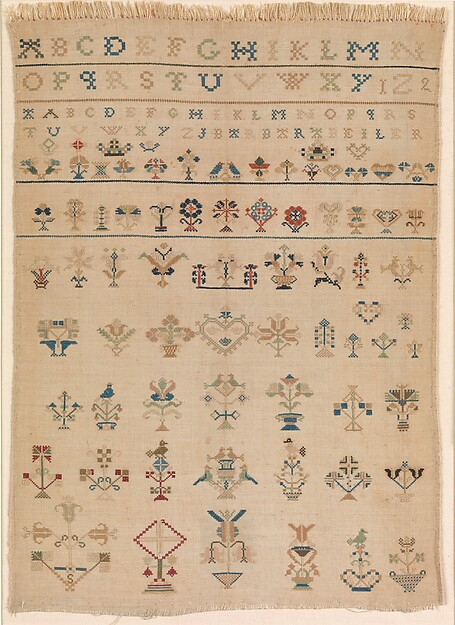 Amish sampler with lettering and motifs