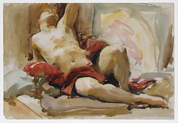 John Singer Sargent watercolor of a reclining man with red drapery, much of the figure left as bare paper