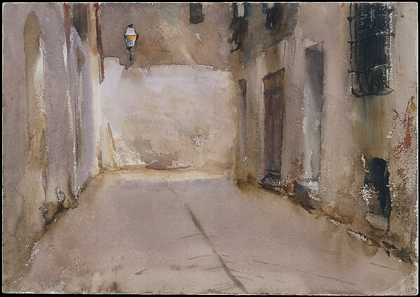 Two figures move through a narrow, shadowed Venetian passage. A bright opening at the far end cuts through loose washes of brown, gray, and blue.