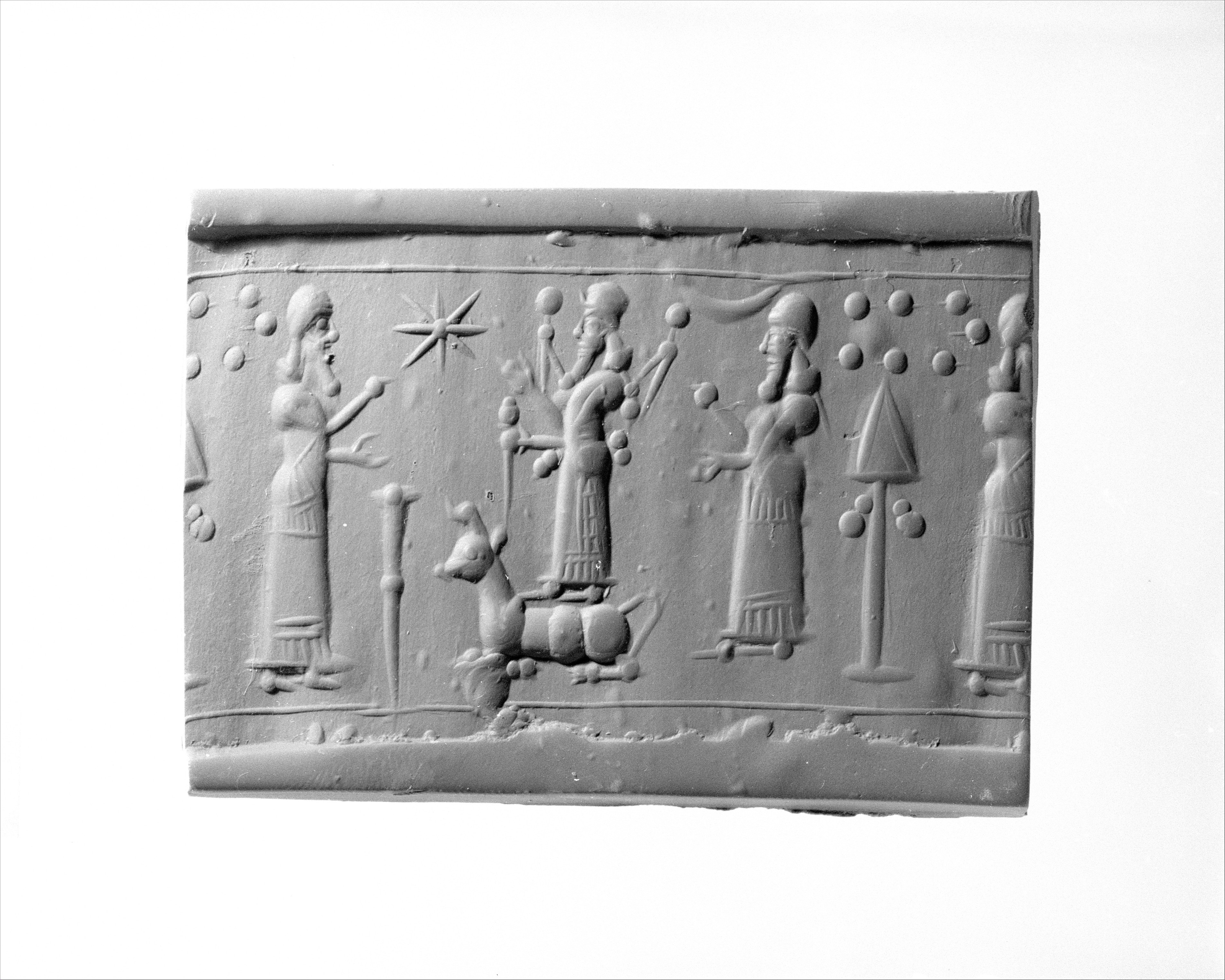 Cylinder seal with cultic scene | Assyro-Babylonian | Neo-Assyrian 