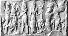 Cylinder seal and modern impression: heroes and animals in combat, head of the monster Humbaba, Hematite, Babylonian