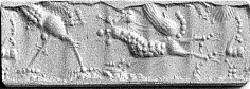 Cylinder seal with mythological contest scene, Flawed neutral Chalcedony (Quartz), Babylonian