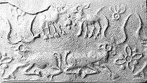 Cylinder seal and modern impression: two horned animals, rosettes, Clinoenstatite (sometimes referred to as "glazed steatite"), Proto-Elamite