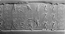 Cylinder seal and modern impression: rows of animals; falcons flanking goat, Taweret goddesses, Stone