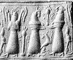 Cylinder seal and modern impression: animal-headed divinities with prey, Hematite, Cypriot