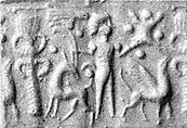Cylinder seal and modern impression: palmette tree flanked by winged griffin and caprid; figure between them with raised hands; ingot, Hematite, Cypriot