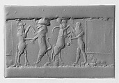 Cylinder seal and modern impression: heroes wrestling rampant animals, Jasper, Akkadian
