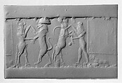 Cylinder seal and modern impression: heroes wrestling rampant animals, Jasper, Akkadian
