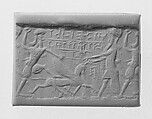 Cylinder seal with mythological contest scene
, Flawed and veined neutral Chalcedony (Quartz), Elamite or Babylonian