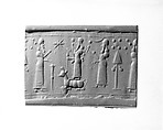 Cylinder seal with cultic scene, Neutral Chalcedony (Quartz), Assyro-Babylonian