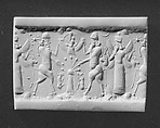 Cylinder seal with cultic scene, Flawed neutral Chalcedony (Quartz), Assyro-Babylonian