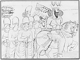 Drawing of Sasanian rock relief: Shapur I (r. A.D. 241-272) and members of his court at Naqsh-i Radjab, southern Iran, Lutf-'Ali Shirazi (Iranian), Paper, pencil, ink, Qajar