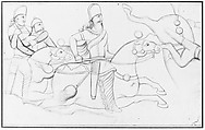 Drawing of Sasanian rock relief: battle of Ardashir I (r. A.D. 224-241) at Firuzabad, southern Iran, Lutf-'Ali Shirazi (Iranian), Paper, ink, Qajar