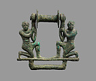 Plaque with two male figures supporting a roller, Bronze, Babylonian