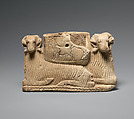 Vessel supported by two rams, Gypsum alabaster, Sumerian