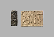 Cylinder seal with cultic scene
, Mottled and veined gray and black Jasper (Quartz), Assyrian