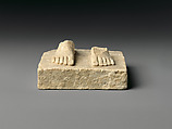 Base and feet of a worshipper, Gypsum alabaster, Sumerian
