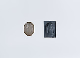 Stamp seal (octagonal pyramid) with cultic scene, Veined neutral Chalcedony (Quartz), Assyrian