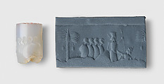 Cylinder seal and modern impression: battle scene with king, soldiers, enemy, Chalcedony, Achaemenid
