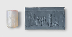 Cylinder seal and modern impression: battle scene with king, soldiers, enemy, Chalcedony, Achaemenid