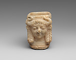 Vessel with heads of horned female deities, Gypsum alabaster, Sumerian
