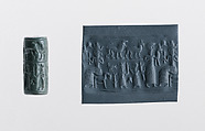 Cylinder seal and modern impression: worshiper with an animal offering before a seated deity, Apatite, Elamite