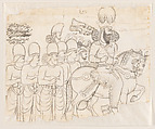 Drawing of Sasanian rock relief: Shapur I (r. A.D. 241-272) and members of his court at Naqsh-i Radjab, southern Iran, Lutf-'Ali Shirazi (Iranian), Paper, pencil, ink, Qajar