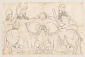 Drawing of Sasanian rock relief: Ardashir I (r. A.D. 224-241) and the Zoroastrian divinity Ohrmazd [Ahura Mazda] at Naqsh-i Rustam, southern Iran, Lutf-&#39;Ali Shirazi (Iranian), Paper, pencil, ink, Qajar