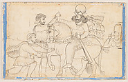 Drawing of Sasanian rock relief: Shapur I (r. A.D. 241-272) and Roman emperor Valerian at Naqsh-i Rustam, southern Iran, Lutf-&#39;Ali Shirazi (Iranian), Paper, ink, Qajar