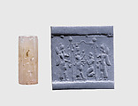 Cylinder seal with cultic scene, Flawed neutral Chalcedony (Quartz), Assyrian