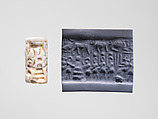 Cylinder seal and modern impression: seated goddess before figures carrying boxes, one placed on 
